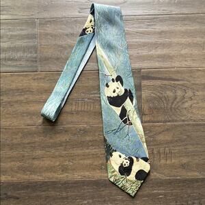 ENDANGERED SPECIES Panda Print Mens Tie Blue and Green Silk